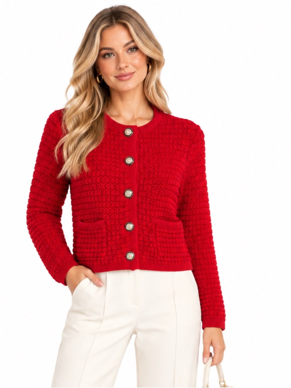 ba&sh Red Classic Textured Knit Button Cardigan